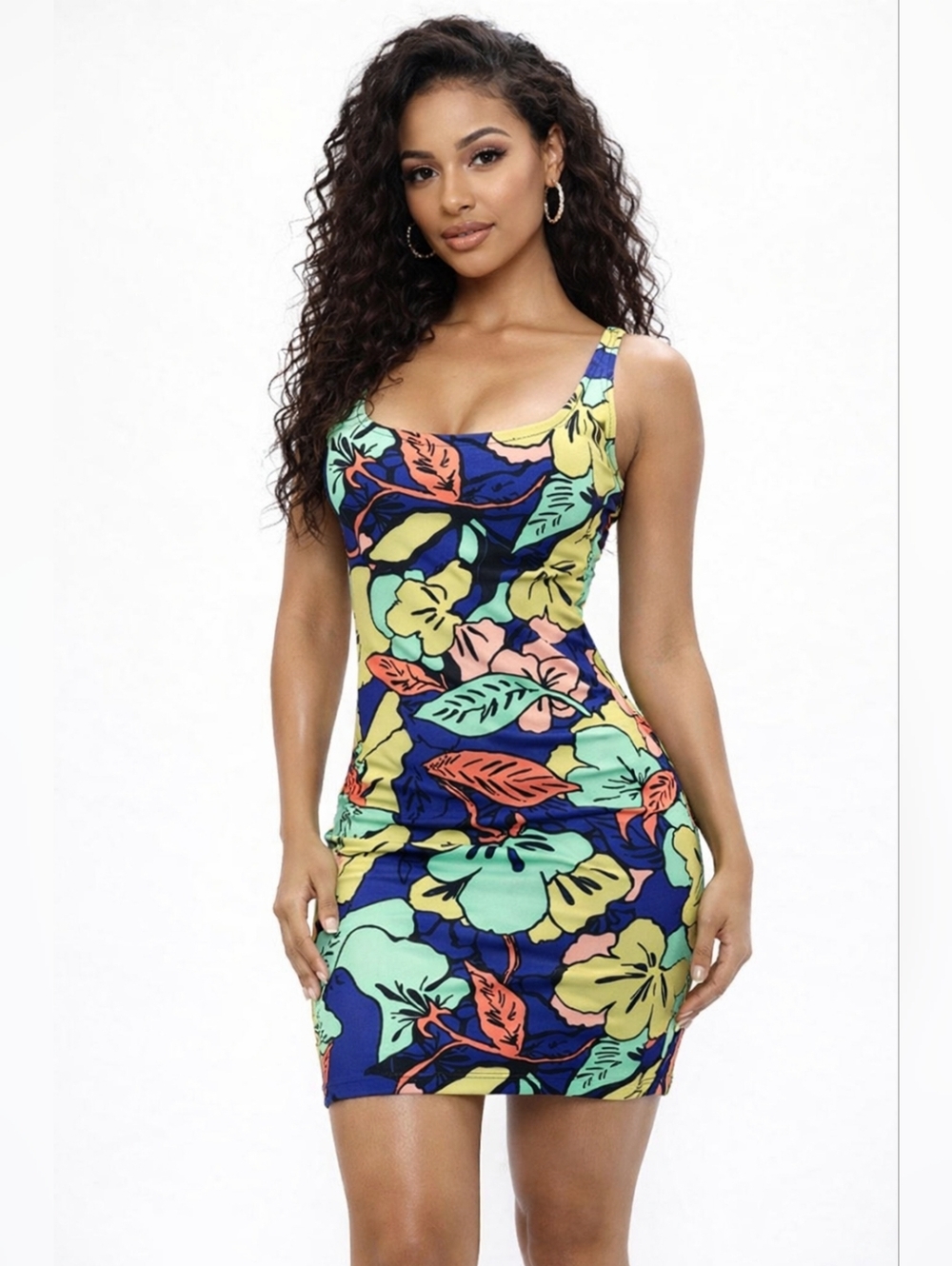 Tropical Floral Bodycon Mini Dress Stretch S